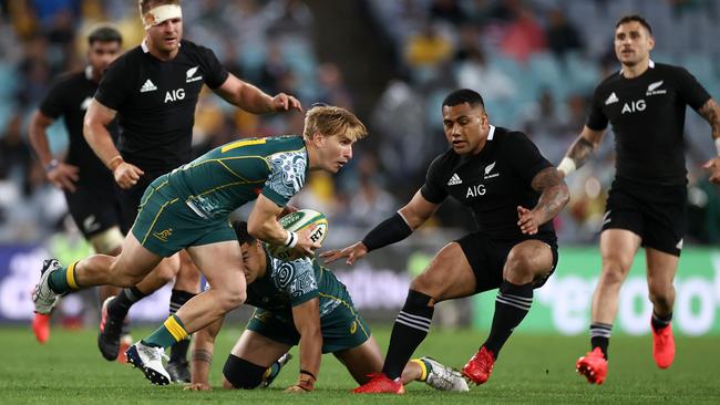 Tate McDermott of the Wallabies makes a break against the All Blacks at ANZ Stadium on October 31, 2020 in Sydney, Australia. (Photo by Cameron Spencer/Getty Images)