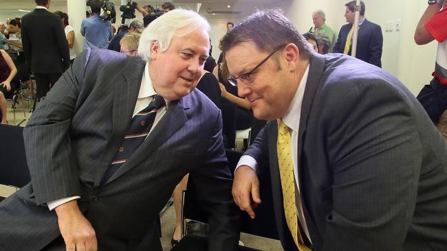 Clive Palmer at the declaration of his victory in Fairfax in 2013 with Glenn Lazarus, who was elected a PUP senator. Picture: Glenn Barnes