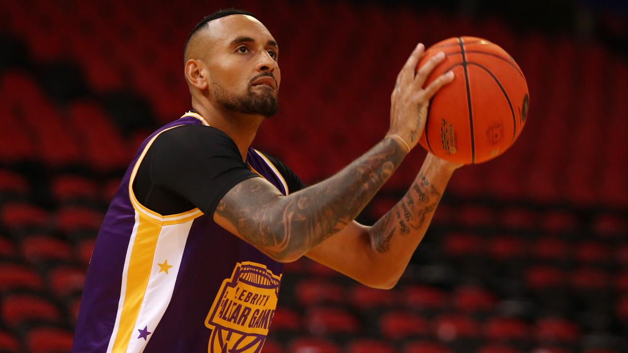 SYDNEY, AUSTRALIA - APRIL 24: Nick Kyrgios warms up ahead of the Sydney Kings Starlight Celebrity Game at Qudos Bank Arena on April 24, 2022 in Sydney, Australia. (Photo by Jason McCawley/Getty Images)