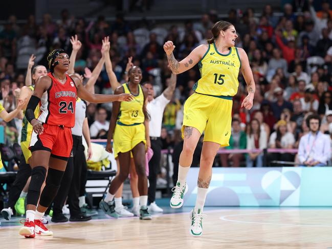 LILLE, FRANCE - AUGUST 01: Cayla George #15 of Team Australia celebrates during the Women's Group Phase - Group B match between Team Australia and Team Canada on day six of the Olympic Games Paris 2024 at Stade Pierre Mauroy on August 01, 2024 in Lille, France. (Photo by Gregory Shamus/Getty Images)