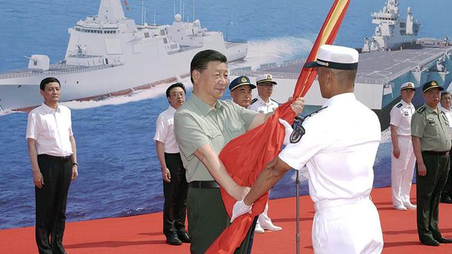 Xi Jinping at the commissioning ceremony of three naval vessels, the Changzheng-18, the Dalian, and the Hainan. Picture: CCGT