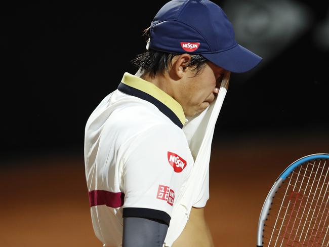 ROME, ITALY - SEPTEMBER 17: Kei Nishikori of Japan reacts in his round two match against Lorenzo Musetti of Italy during day four of the Internazionali BNL d'Italia at Foro Italico on September 17, 2020 in Rome, Italy. (Photo by Clive Brunskill/Getty Images)