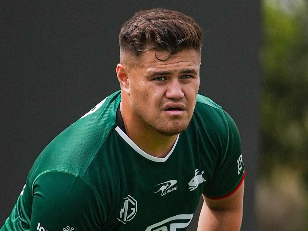 Josh Schuster has his first hit out in Rabbitohs colours. Picture: Michael Pantaleone/South Sydney Rabbitohs