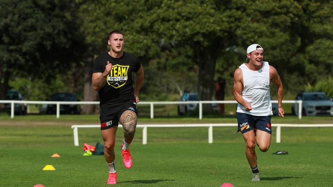 NRL players Bronson Xerri and Kyle Flanagan sprint training at Centennial Park, Sydney, today. Picture: Justin Lloyd