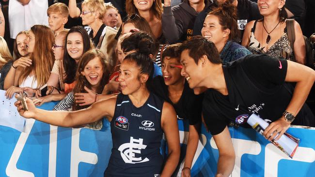 Darcy Vescio with fans after the first AFLW game between Collingwood and Carlton. Picture: Rob Leeson