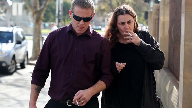 Alicia Bartley and Darren Baxter leave the Adelaide Magistrates court after being charged as part of Operation Ironside. Picture: Kelly Barnes