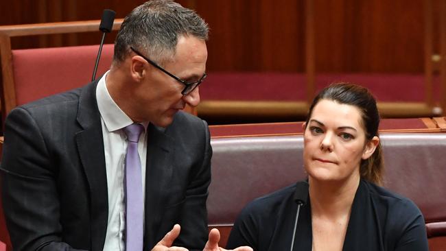 Greens Leader Richard Di Natale and Greens Senator Sarah Hanson-Young. Picture: AAP.