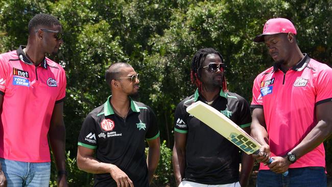 Sixers players Carlos Brathwaite (L) and Jason Holder (R) with Nicholas Pooran (second left) and Andre Fletcher will clash on Boxing Day in a BBL blockbuster. Picture: NCA NewsWire / Steve Holland