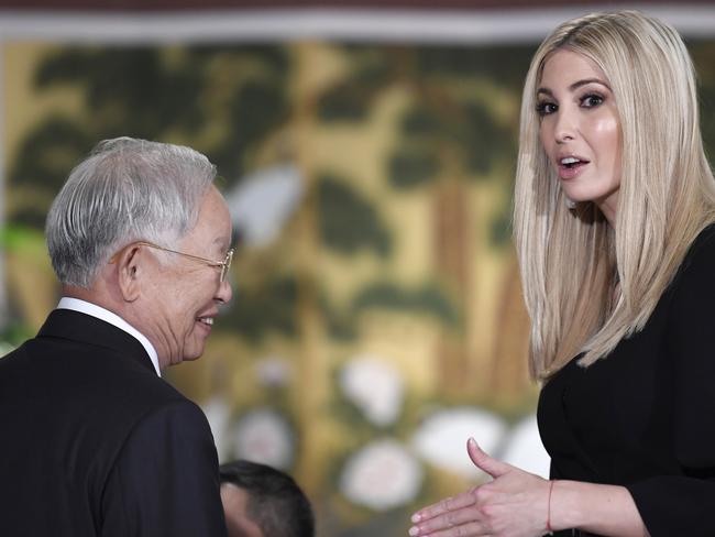 Ivanka Trump, right, talks with people before the start of remarks from President Donald Trump to Korean business leaders in Seoul. Picture: AP Photo/Susan Walsh