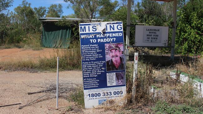 A sign seeking any information about the disappearance of Paddy Moriarty still stands outside his Larrimah home. Picture: Jason Walls