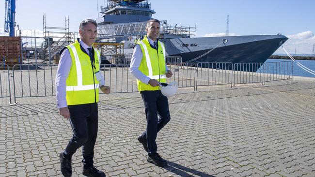 Deputy Prime Minister Richard Marles on tour at the Osborne Naval Shipyard with Premier Peter Malinauskas in mid-2022. Picture Mark Brake