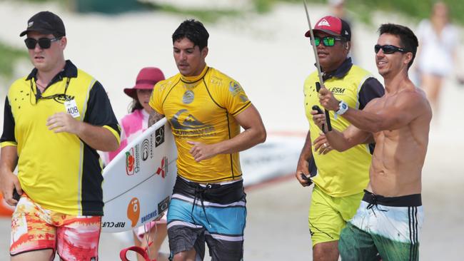 World champion Gabriel Medina ran straight off the beach after losing his heat to Glen Hall at Snapper Rocks. Picture: Tim Marsden