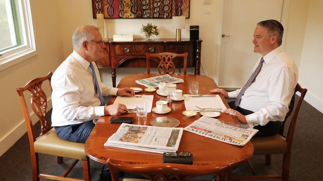 Outgoing finance minister Mathias Cormann ready for breakfast with Scott Morrison at The Lodge on Friday. Picture: Adam Taylor/PMO