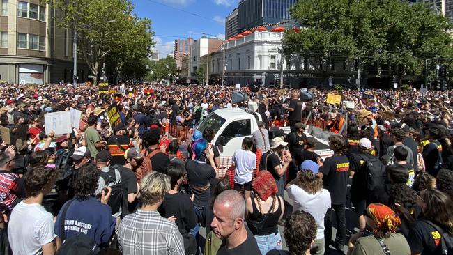 Rally Organisers want a treaty between First Nations people and the wider community to be made priority over The Voice to Parliament referendum. Picture: Valeriu Campan