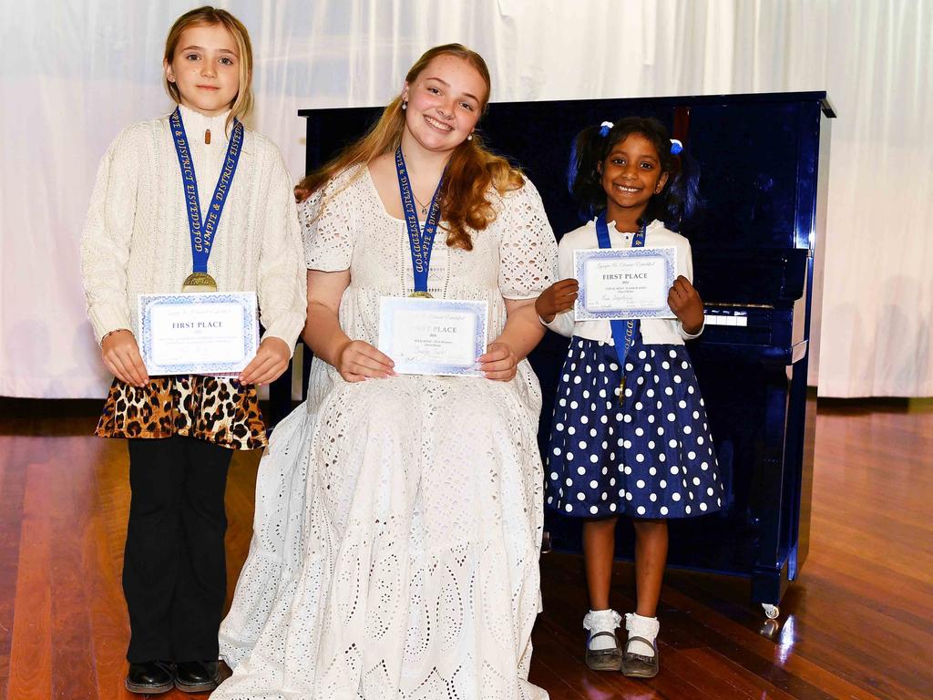 Isabelle Barrie, Jocelyn Taylor and Maia Janarthanan at the Gympie and District Eisteddfod. Picture: Patrick Woods.