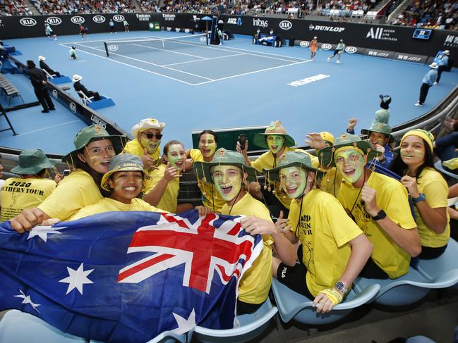 Australian Open Tennis Day 1. Crowd color. The 2020 Southern Tour cheer squad from Queensland cheering on Aussies playing on Court 3.   Picture: David Caird