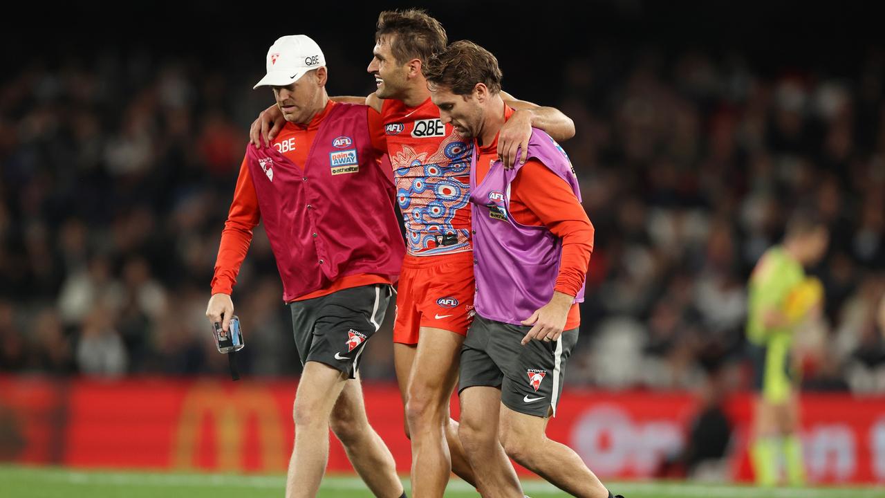 Josh Kennedy is helped off Marvel Stadium after a serious hamstring injury (Photo by Robert Cianflone/Getty Images)