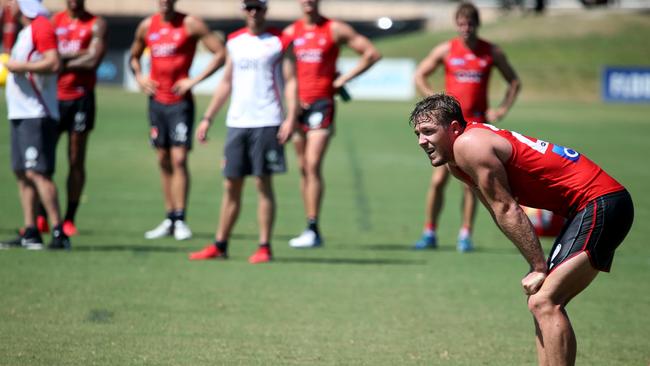 Luke Parker takes time out during a Swans training session in Coffs Harbour. Picture: Nathan Edwards