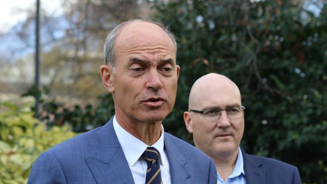 Energy Minister Guy Barnett and TCCI CEO Michael Bailey speak to the media in St David's Park in Hobart on Tuesday, June 22, 2021.