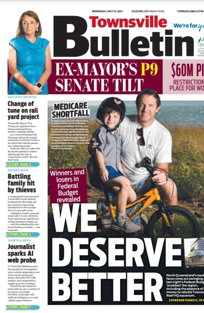 Townsville Bulletin front page, May 15, 2024. Picture: Supplied