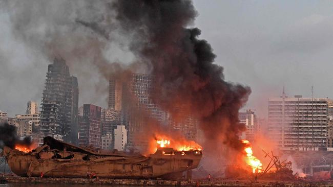 A ship engulfed in flames after the cataclysmic explosion in Beirut. Picture: AFP