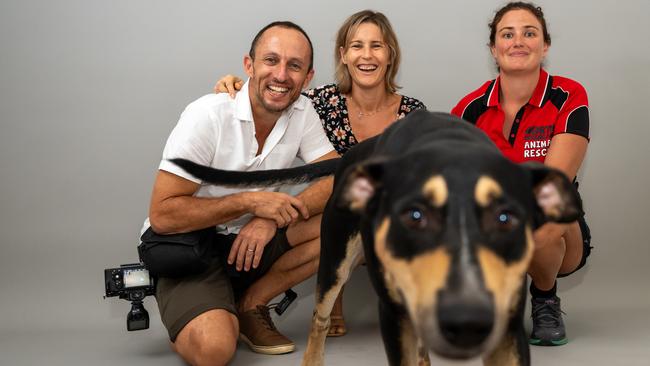 Benn Brown and Jules Wilkinson from By Heart Photography with Natalie Morey and Mac of North Queensland Animal Rescue. Picture Emily Barker.