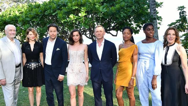 Producer Michael G Wilson, cast member Lea Seydoux, director Cary Joji Fukunaga, cast members Ana de Armas, Daniel Craig, Naomie Harris, Lashana Lynch and producer Barbara Broccoli at the No Time To Die launch. Picture: Slaven Vlasic/Getty Images for Metro Goldwyn Mayer Pictures