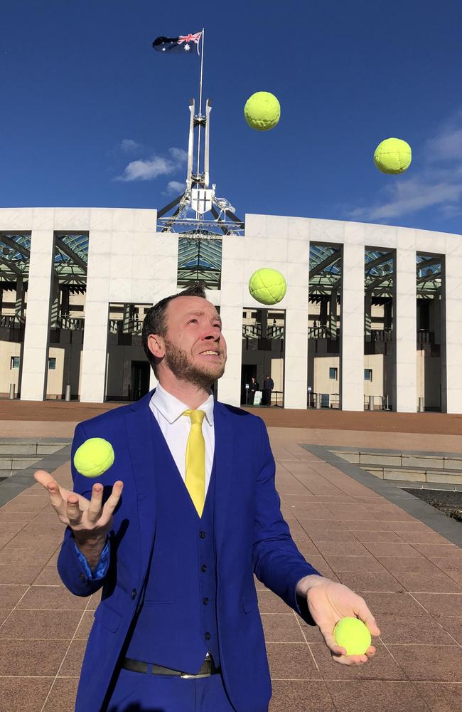 Internationally renowned comedy juggler James Bustar outside Parliament House, where he travelled with a delegation from the cruise industry to lobby for a resumption of domestic cruises.