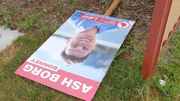 Bonney Labor candidate Ash Borg's campaign signs have been stolen from a yard and a nearby station. Photo: Facebook