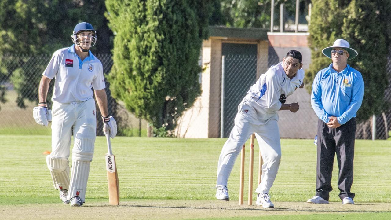 Hemal Shah bowls for University. Picture: Nev Madsen