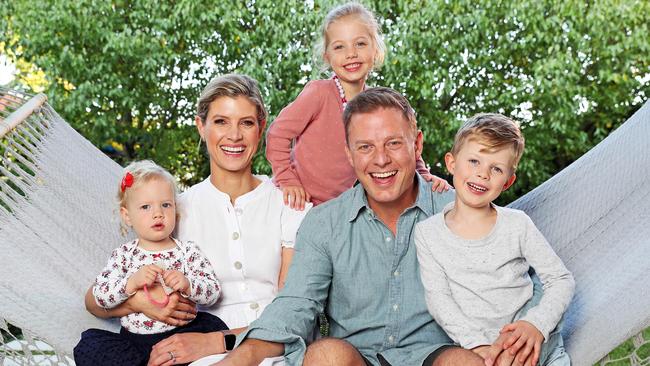 Ben Fordham and wife Jodie Speers with their children (from left) Marigold (Goldie), Pearl and Freddy. Picture: Tim Hunter