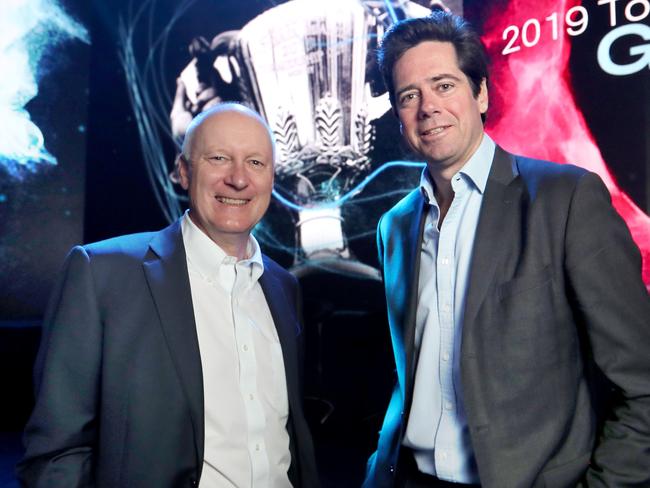 27/09/2019  AFL chairman Richard Goyder and AFL CEO Gillon McLachlan at an AFL grand final function at Crown today.Picture : David Geraghty , The Australian.