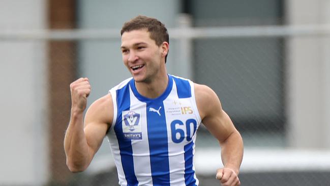 MELBOURNE, AUSTRALIA - AUGUST 05: Sam Lowson of the Kangaroos celebrates a goal during the round 20 VFL match between Footscray Bulldogs and North Melbourne Kangaroos at ETU Stadium on August 05, 2023 in Melbourne, Australia. (Photo by Jonathan DiMaggio/AFL Photos)