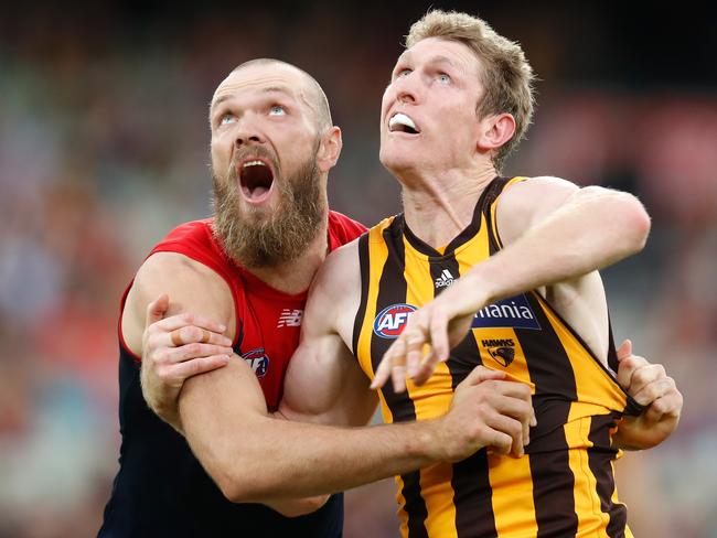 Ruckmen Max Gawn and Ben McEvoy compete for the footy.