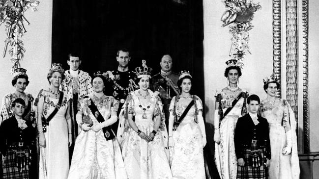 The Queen’s coronation day: (From R to L) The Princess Alexandra of Kent, the Prince Michael of Kent, the Duchess of Kent, the Princess Margaret, the Duke of Gloucester, the Queen Elizabeth II, the Duke of Edinburgh, The Queen Mum, the young Duke of Kent, the Princess Royal, the Duchess of Gloucester, the Prince William of Gloucester and the prince Richard of Gloucester. Picture: AFP.