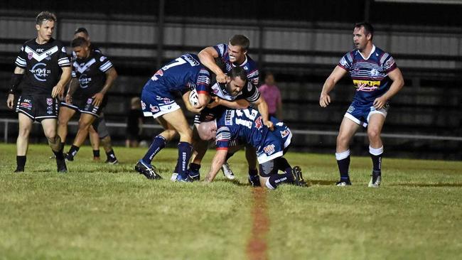 Maryborough Brothers Nick Golusin and Joshua Clow wrap up an Eastern Suburbs player in round 4 BRL action at Eskdale Park. Picture: Brendan Bowers
