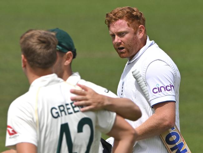 LONDON, ENGLAND - JULY 02: England batsman Jonny Bairstow looks on as Australia fielders celebrate after being given run out during the 5th day of the LV=Insurance Ashes Test Match at Lord's Cricket Ground on July 02, 2023 in London, England. (Photo by Stu Forster/Getty Images)