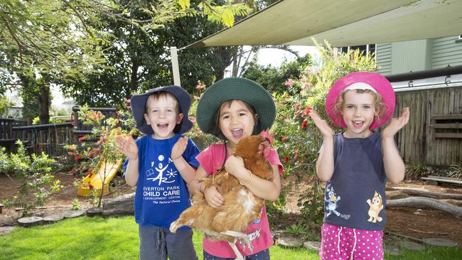 Everton Park Child Care and Development centre is one of the few centre's in Queensland to be rated 'excellent'. Dexter Eager, Athena Retimana and Sophie Sligo. Picture: Renae Droop