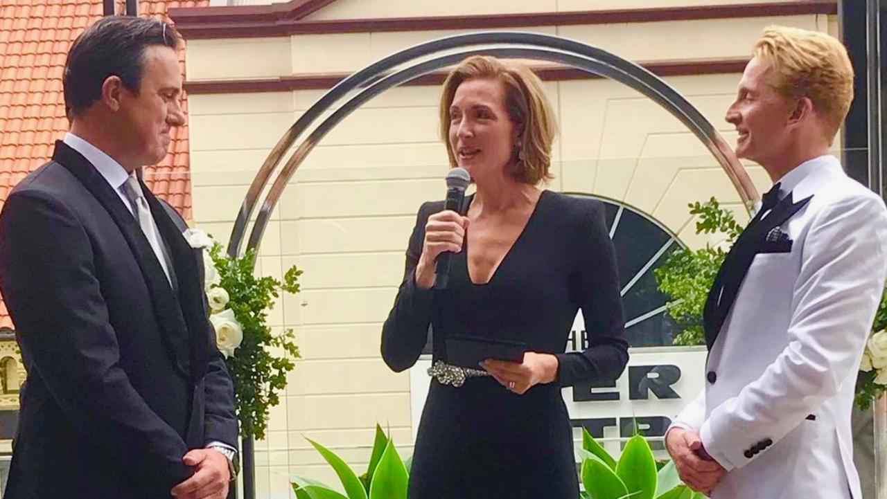 Channel 9 newsreader Melissa Downes facilitated the wedding of Damien Anthony Rossi (now Avery-Rossi, right) and Jason Avery (now Avery-Rossi) at the Hyatt Regency Brisbane, July 31. Picture: Thomas Oliver