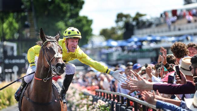 2023 Melbourne Cup Flemington. Running off the Melbourne Cup. Winning jockey Mark Zahra high fives the crowd on race horse Without A Fight on return to scale.     Picture: David Caird