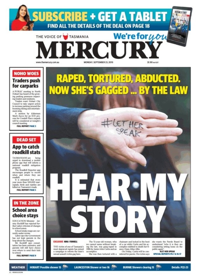 Tameka's front page story in the Hobart Mercury. Picture: Supplied