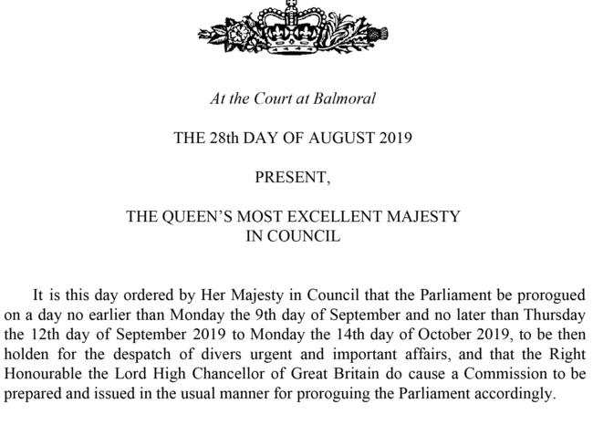 This handout image provided by the Privy Council shows a notification that the Queen has approved an order to prorogue parliament. Picture: AP