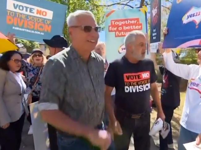 Warren Mundine, one of the leading advocates of the No campaign, faced a barrage of heckling before and after he cast his vote at a Sydney polling centre. Picture Sky News