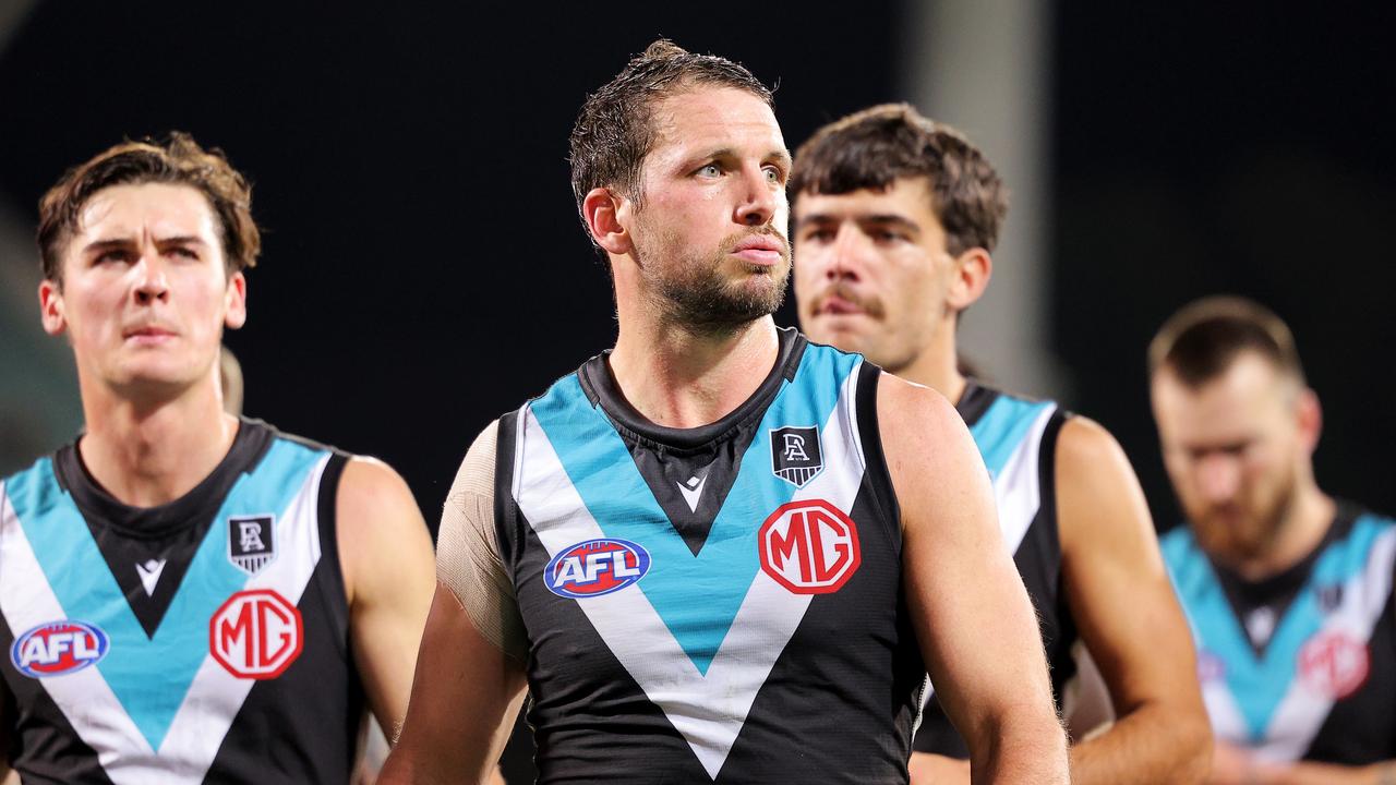 Travis Boak and his teammates have been called flat-track bullies, but defence coach Brett Montgomery says there is more to it. Picture: Getty Images