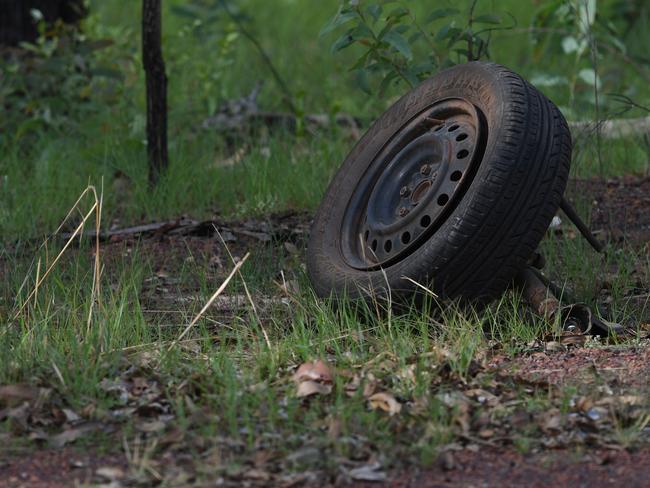 Police investigate a fatal accident 60KMs West of Jabiru on the Arnhem Highway Police report that there were 5 deceased in te single vehicle.  Picture KATRINA BRIDGEFORD.