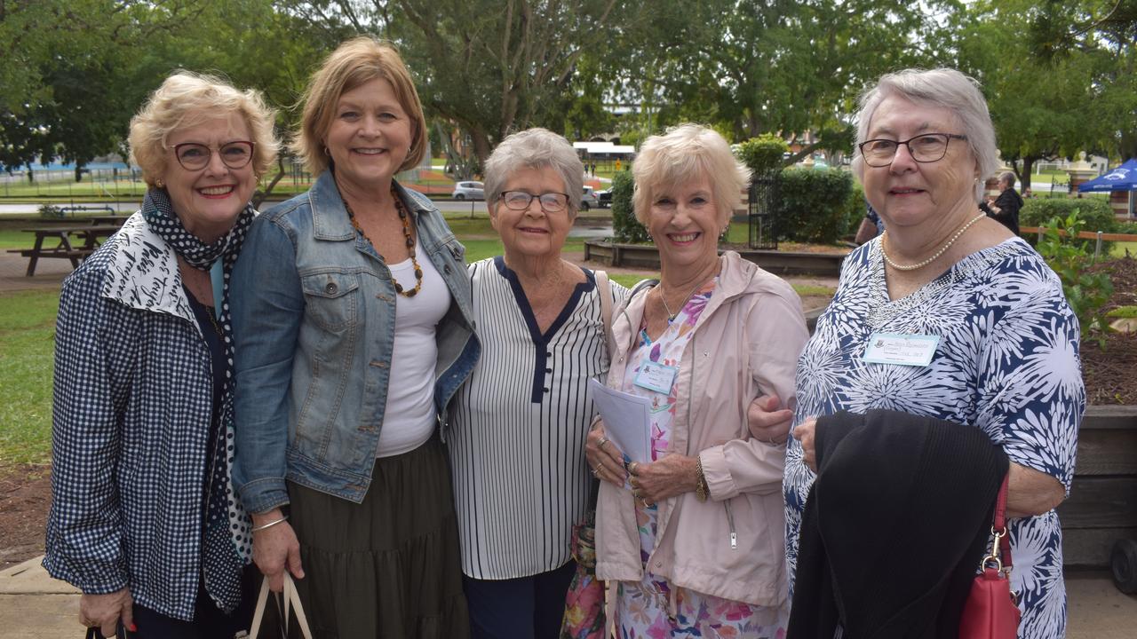 (L) former students Joyce Richards (1955 to 57), Trish Belt (1983-84), Janet Bray (1955-57), Margaret Lupton (1954-57) and Helen Rasmussen (1956 – 57) remember their school days while at the 140th anniversary celebrations. Photo: Stuart Fast