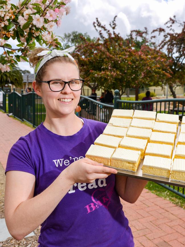 Mollie Williams shows off Home Grain’s vanilla slices. Picture: Brenton Edwards