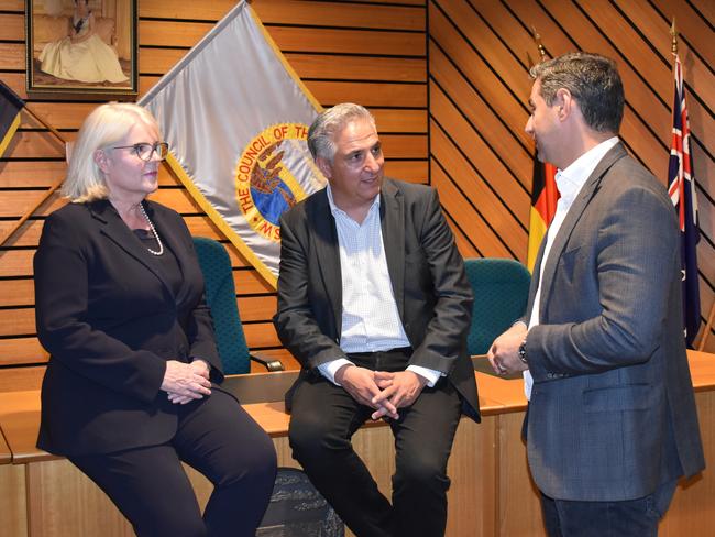 Coalition Home Affairs spokeswoman Karen Andrews, Fairfield Mayor Frank Carbone, and Liverpool Mayor Ned Mannoun hold a meeting regarding repatriated ISIS brides., Photo: supplied.