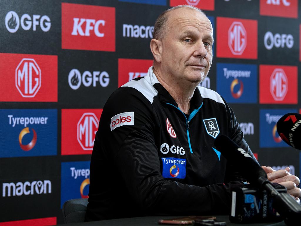 ADELAIDE, AUSTRALIA – SEPTEMBER 18: Port Adelaide Power coach Ken Hinkley speaks to the media during a media opportunity at Alberton Oval on September 18, 2024 in Adelaide, Australia. (Photo by Mark Brake/Getty Images)