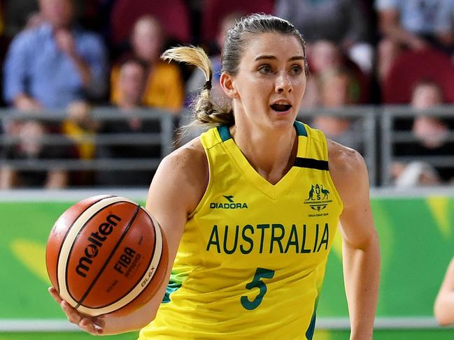 Tessa Lavey of Australia in the Women's Basketball Semifinal Australia and New Zealand on day nine of competition of the XXI Commonwealth Games, at Gold Coast Convention and Exhibition Centre on the Gold Coast, Australia, Friday, April 13, 2018. (AAP Image/Tracey Nearmy) NO ARCHIVING, EDITORIAL USE ONLY